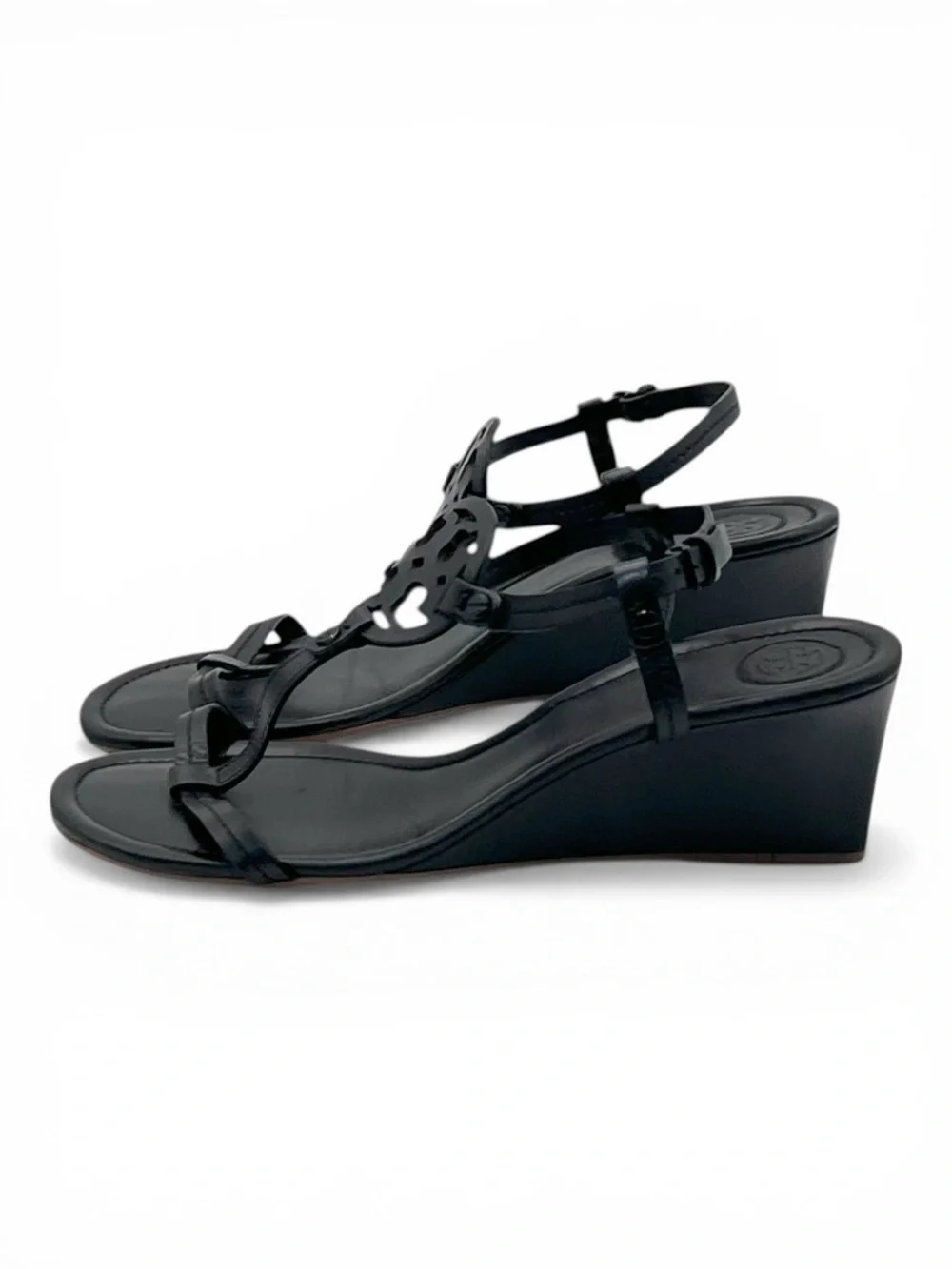 Tory Burch Miller Wedge Sandals Perfect Black Leather Logo T Strap Size 8